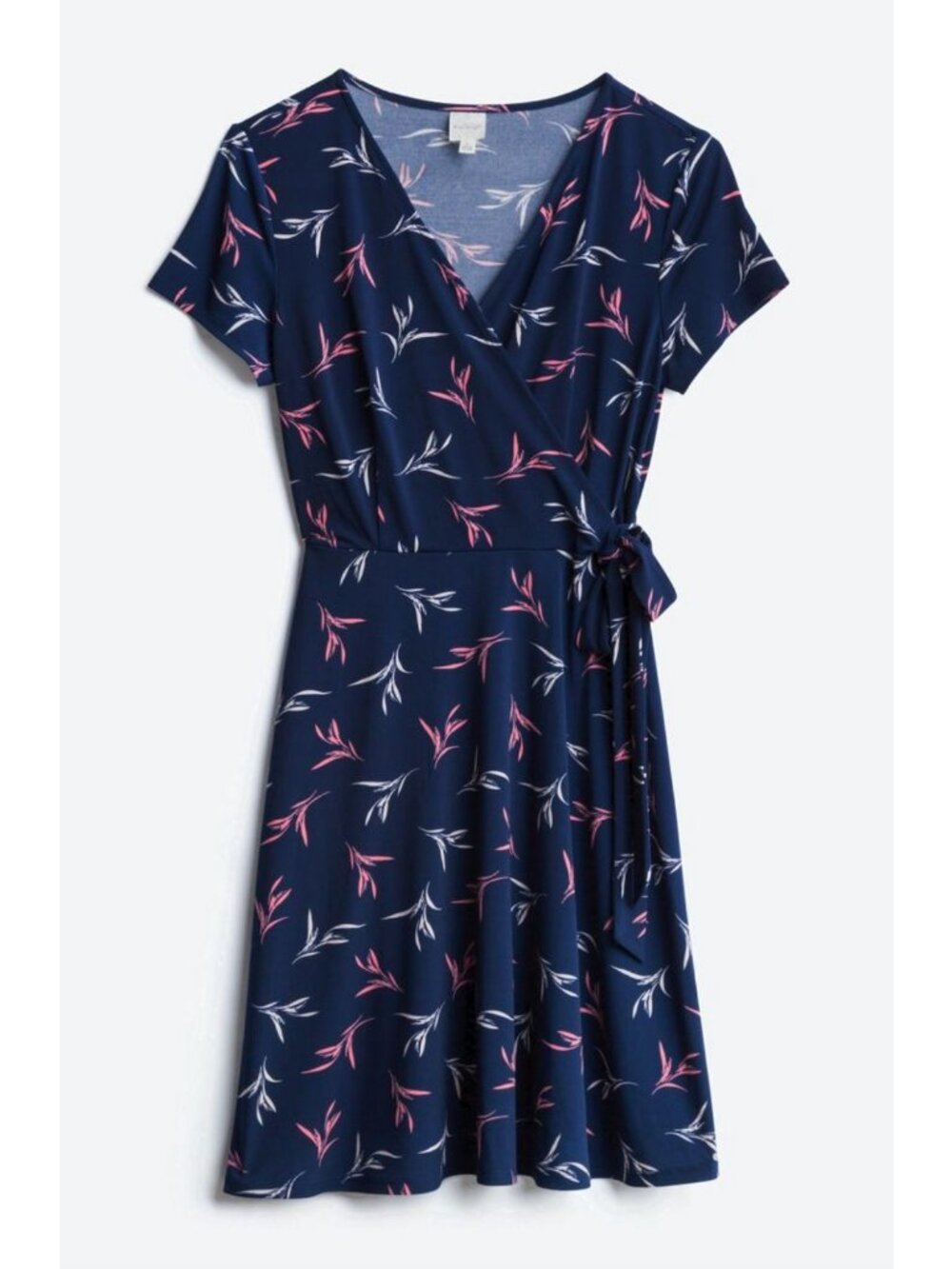 Kaileigh Arnett Navy Blue Printed Short Sleeve Faux-Wrap Dress Side Tie Size M